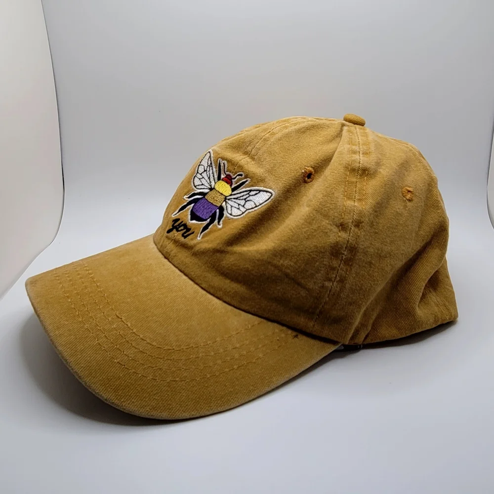Bee Embroidered Cotton Baseball Cap Mustard Yellow Adjustable Hat